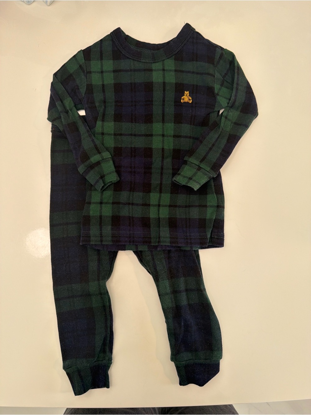 GAP Green & Navy Plaid Kids Two-Piece Pajama Set with Bear Accent